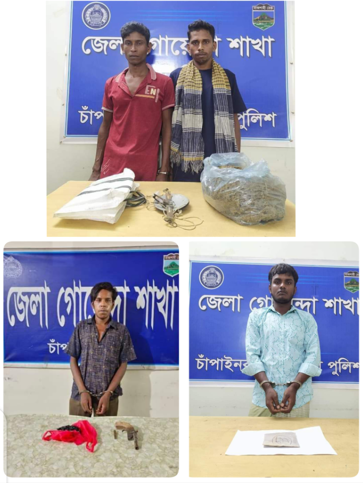 চাঁপাইনবাবগঞ্জে ডিবি পুলিশের সাফল্য, পৃথক অভিযানে অস্ত্র গুলি ও মাদক সহ আটক-৪